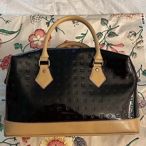 Arcadia Black Patent Leather Handbag Camel with Red Trim